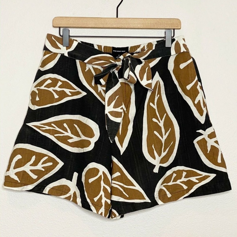 Who What Wear Black Brown Leaf-Print High-Waisted Lined Tie Belt Pocket Shorts